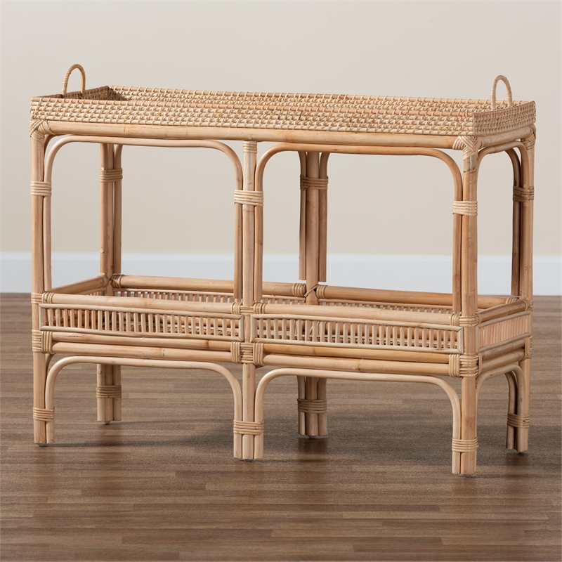 Maklaine Contemporary Bohemian Natural Brown Rattan Console Table