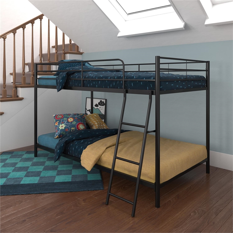 Maklaine Junior Modern Metal Twin over Twin Low Bunk Bed for Kids in Black