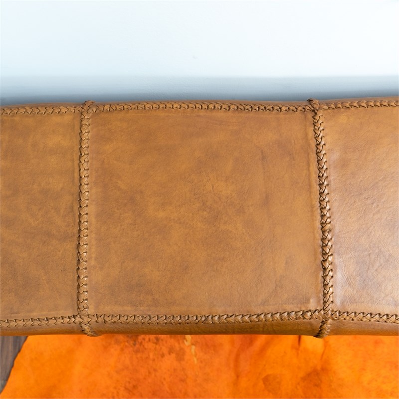 Maklaine Mid-Century Modern Genuine Leather Upholstered Bench in Tan