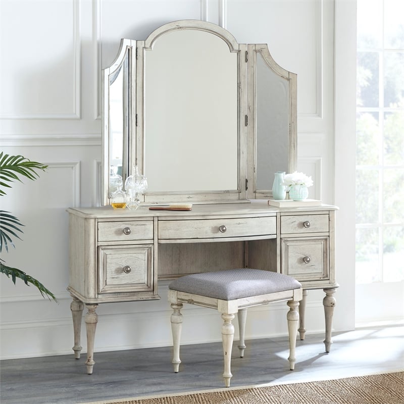 Maklaine Engineered Wood Traditional Vanity Desk in White Finish