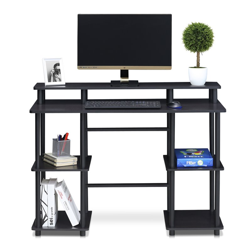 Maklaine Turn-N-Tube Wood Computer Desk with Top Shelf in Espresso/Black