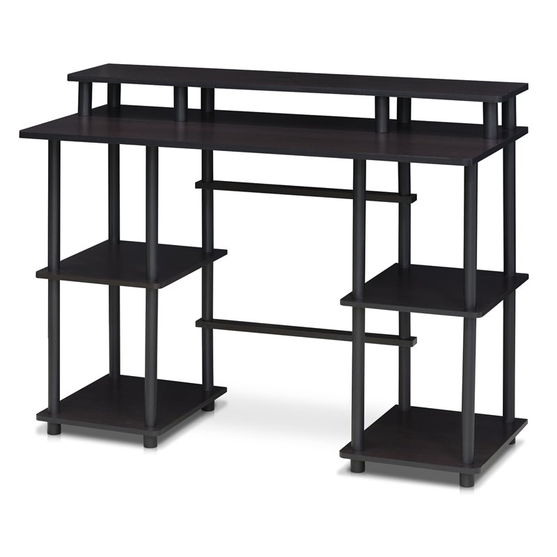 Maklaine Turn-N-Tube Wood Computer Desk with Top Shelf in Espresso/Black