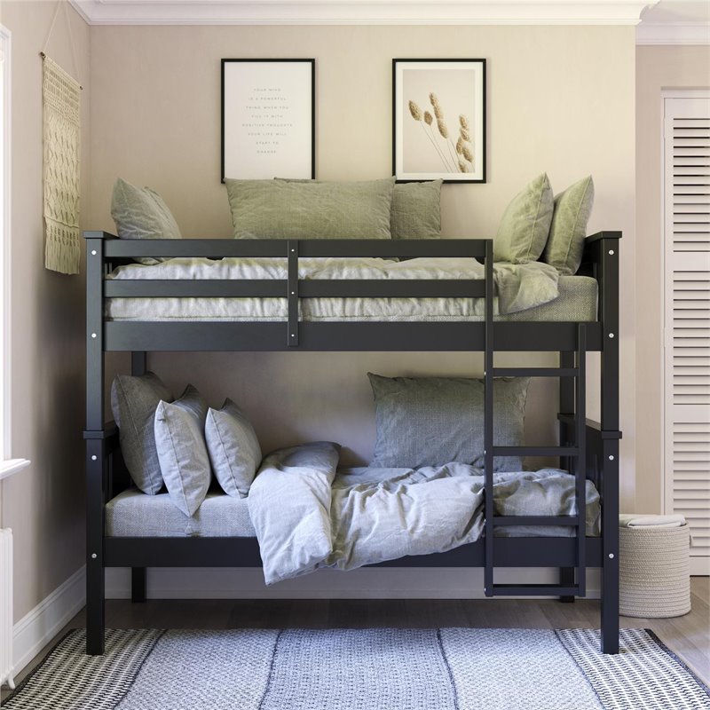 Maklaine Traditional Twin Over Twin Wood Bunk Bed for Kids in Black