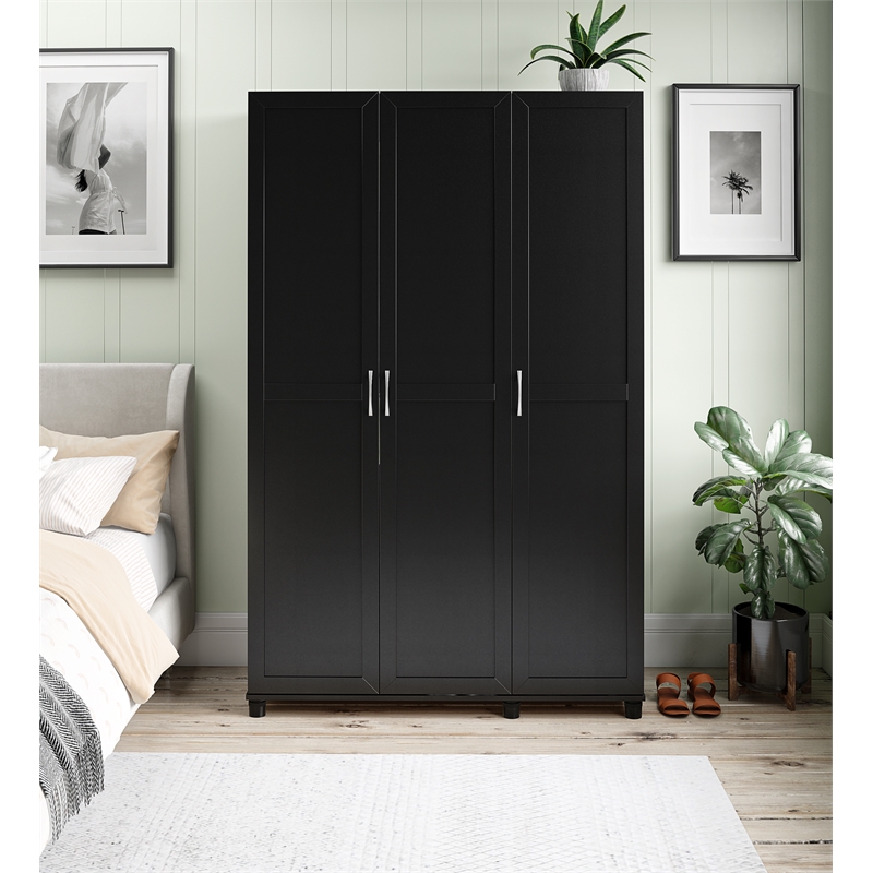 Maklaine Engineered Wood Transitional 3 Door Wardrobe in Black