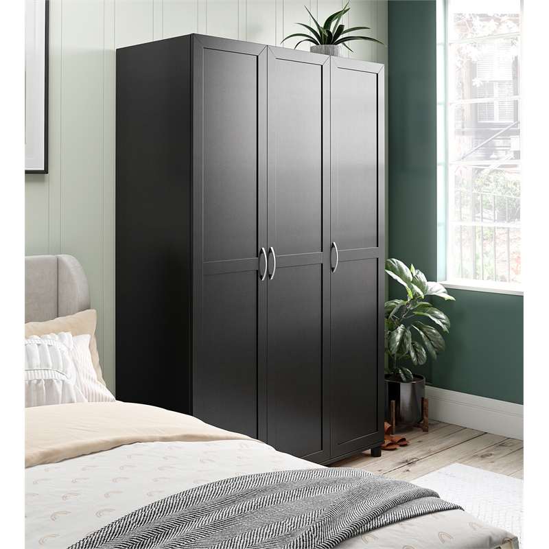 Maklaine Engineered Wood Transitional 3 Door Wardrobe in Black