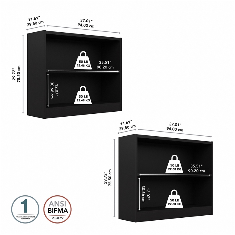 Maklaine Universal 2 Shelf Bookcase in Classic Black (Set of 2)