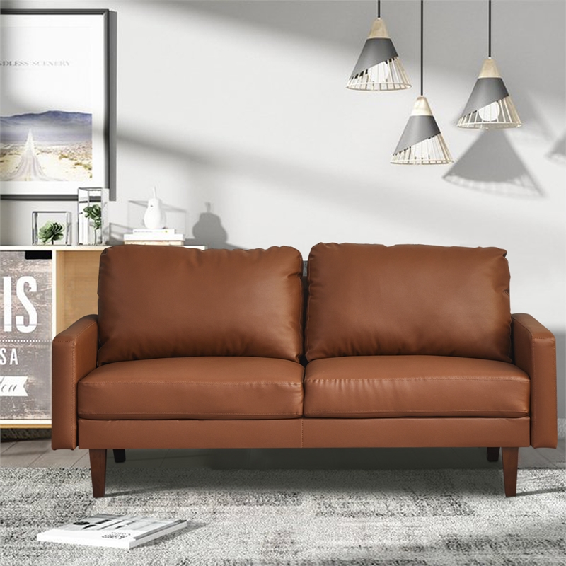 Maklaine Faux Leather Sofa Mid-Century Modern Couch for Living Room/Office-Brown
