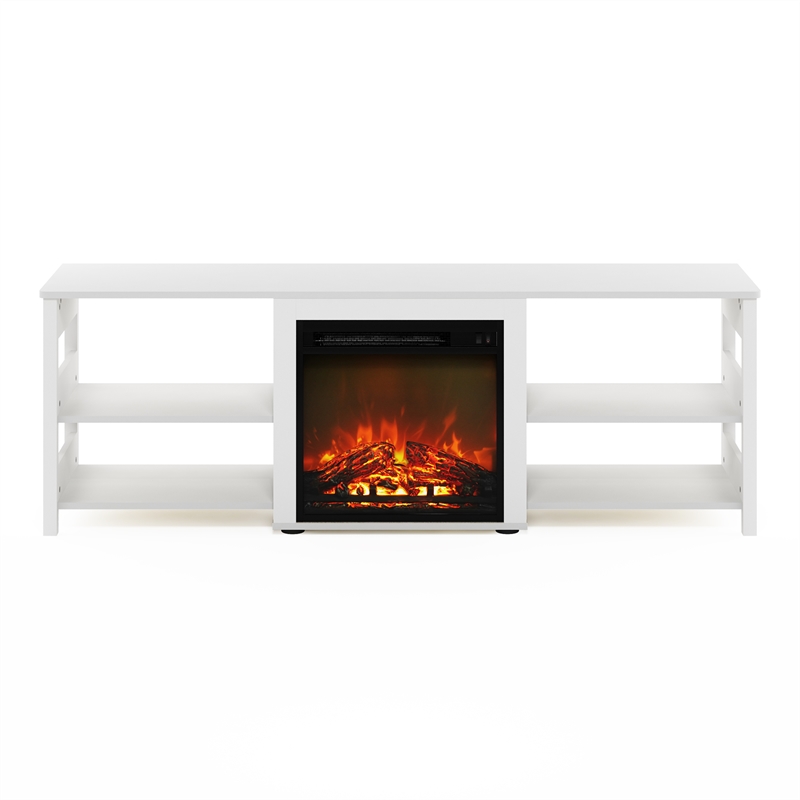 Maklaine Contemporary 70 Inch TV Stand with Fireplace in White Emboss