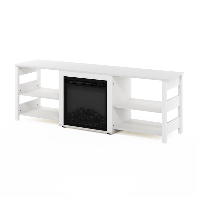 Maklaine Contemporary 70 Inch TV Stand with Fireplace in White Emboss