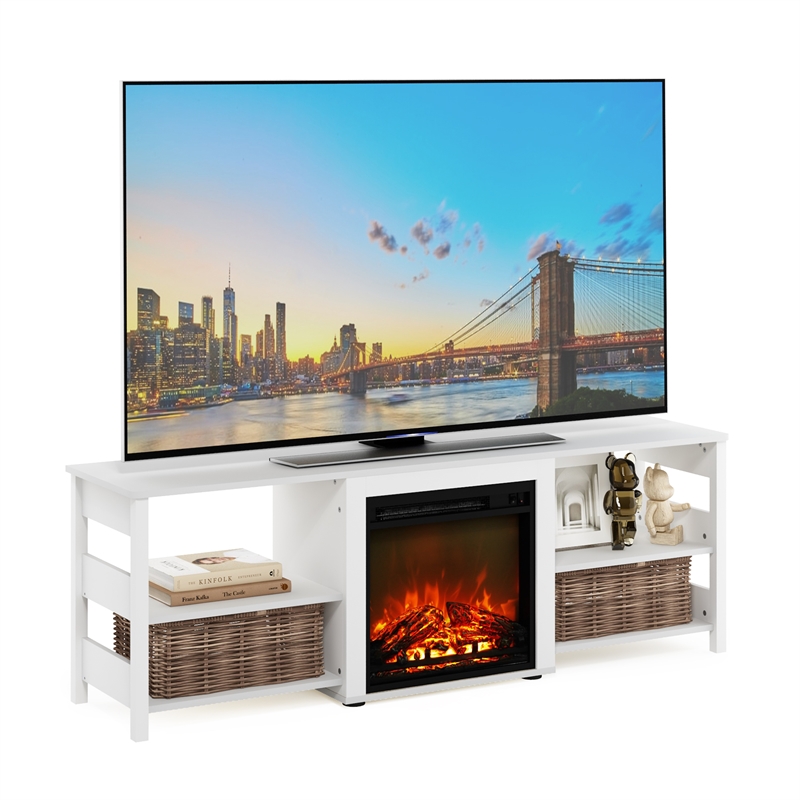 Maklaine Contemporary 70 Inch TV Stand with Fireplace in White Emboss