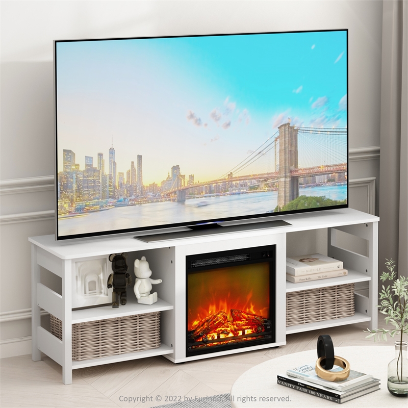 Maklaine Contemporary 70 Inch TV Stand with Fireplace in White Emboss