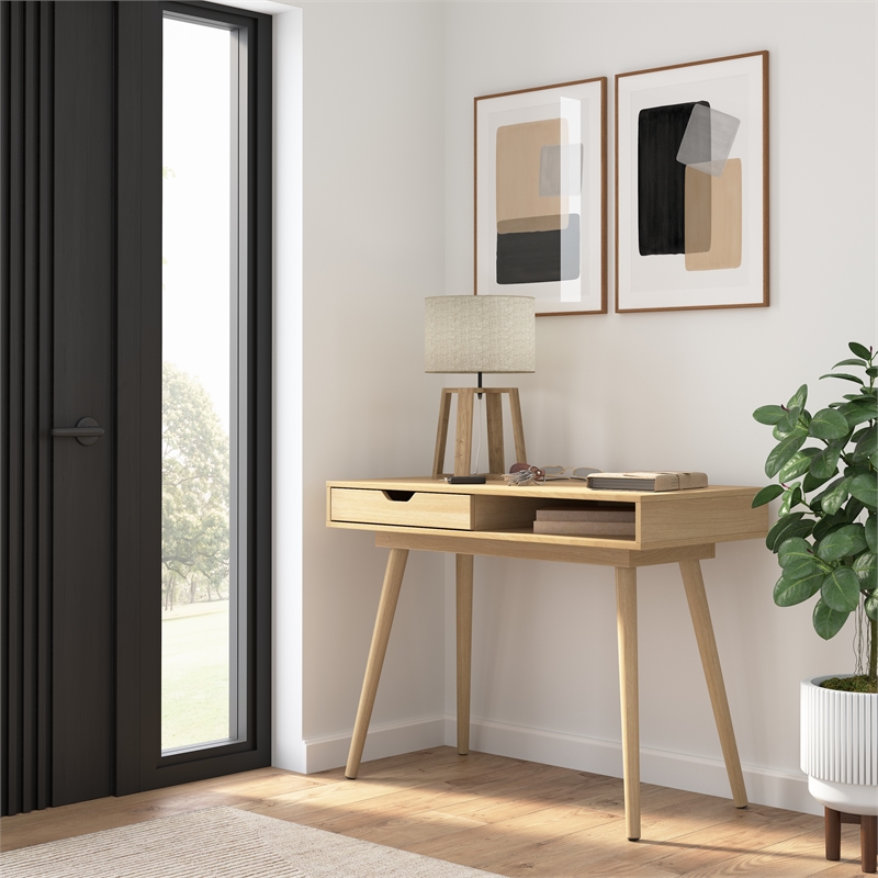 Maklaine Contemporary Engineered Wood 40W Writing Desk in Natural Oak