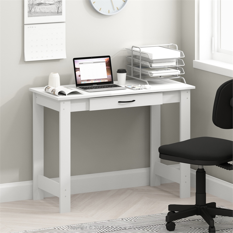 Maklaine Engineered Wood Contemporary Writing Desk with Drawer in White