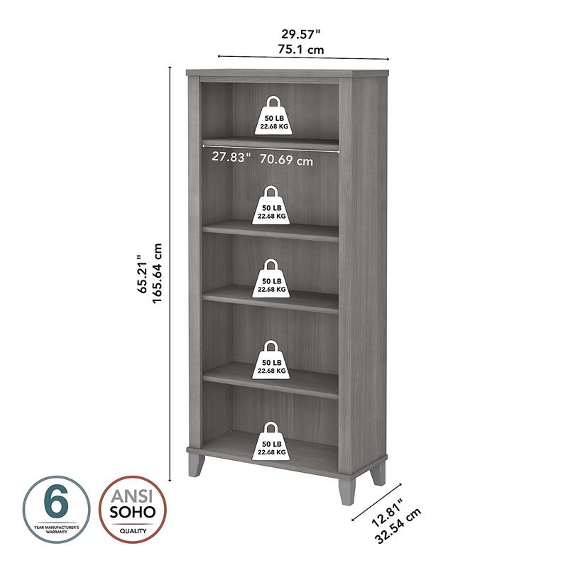 Maklaine Engineered Wood Tall 5 Shelf Bookcase in Platinum Gray