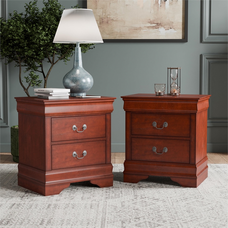 Maklaine Transitional Wood 2-Drawer Nightstand in Cherry (Set of 2)