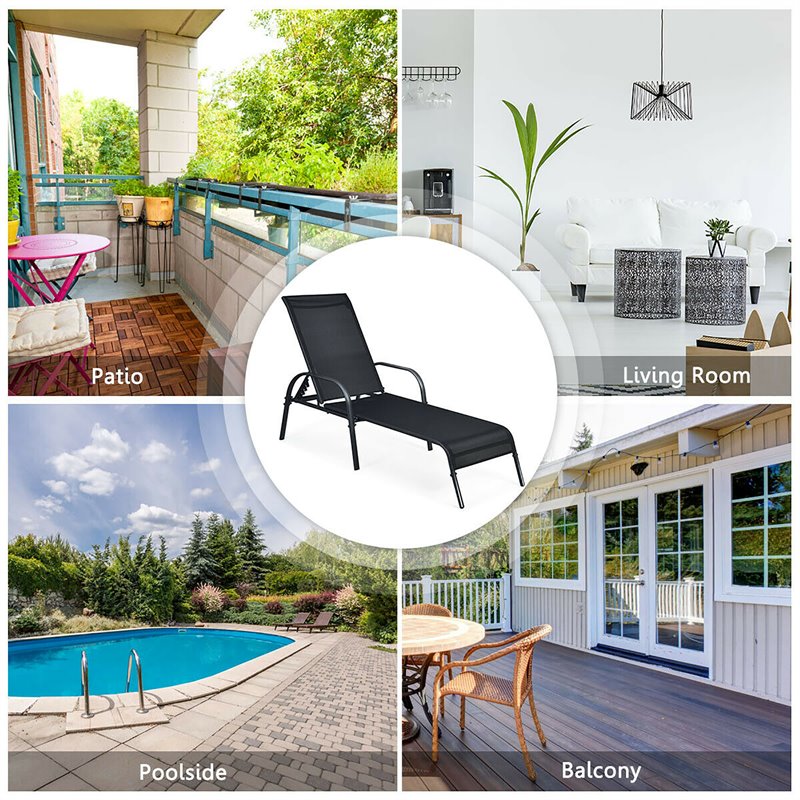 Maklaine Steel and Fabric Patio Lounge Chair with Adjustable Backrest in Black