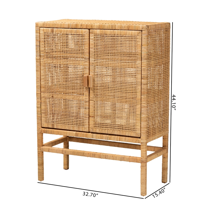Maklaine Brown Rattan and Mahogany Wood 3-Shelf Storage Cabinet