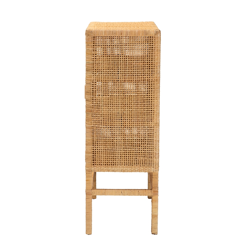 Maklaine Brown Rattan and Mahogany Wood 3-Shelf Storage Cabinet
