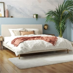 Maklaine Upholstered Velvet & Fabric King Platform Bed in Ivory