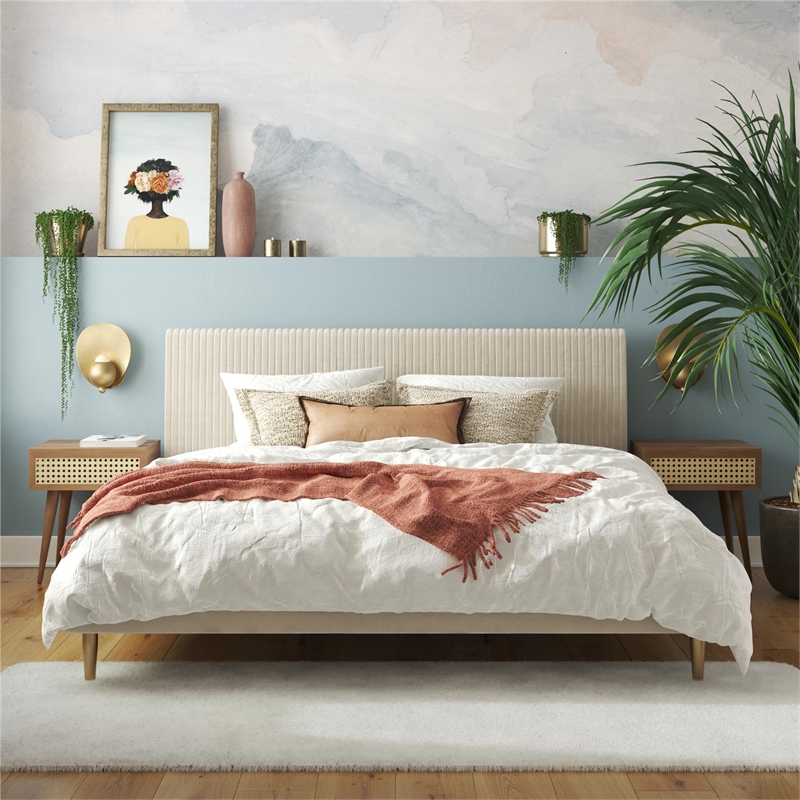 Maklaine Upholstered Velvet & Fabric King Platform Bed in Ivory