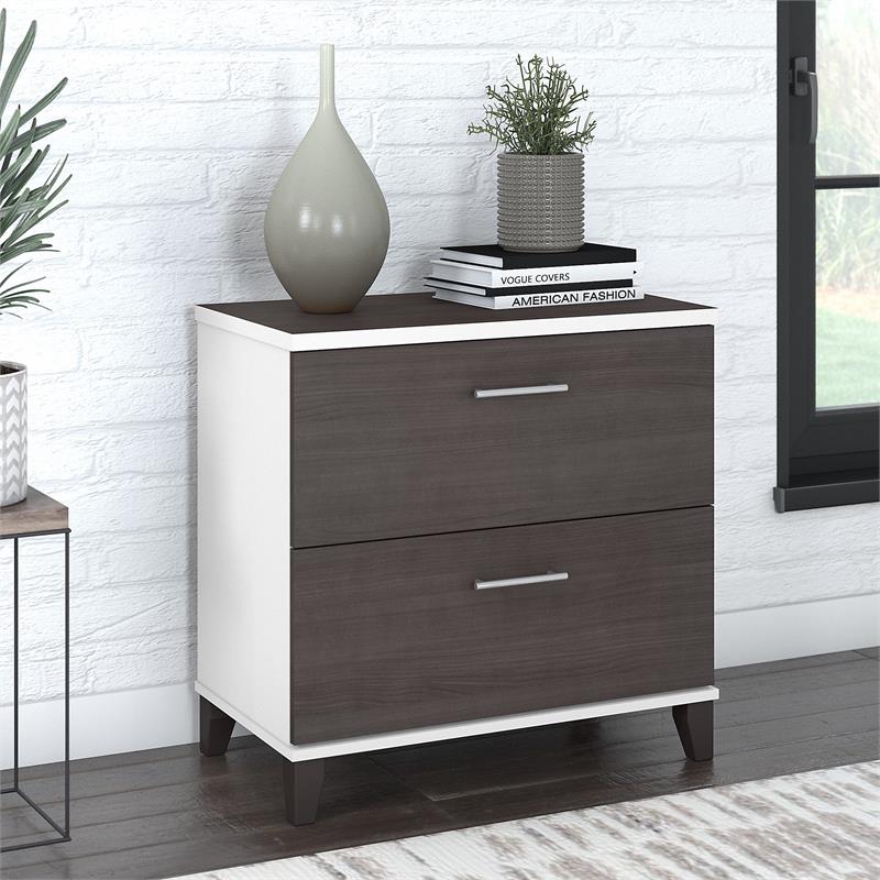 Maklaine Engineered Wood 2 Drawer Lateral File Cabinet in White and Storm Gray