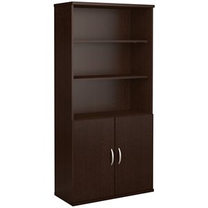 Maklaine Engineered Wood 36W 5 Shelf Bookcase with Doors in Mocha Cherry