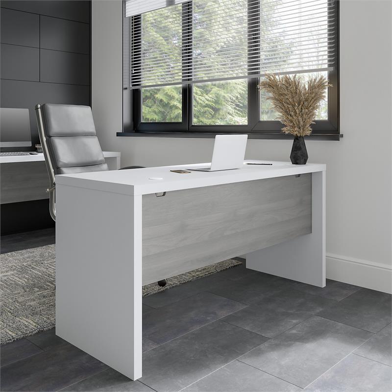 Maklaine Engineered Wood 60W Credenza Desk in Pure White and Modern Gray