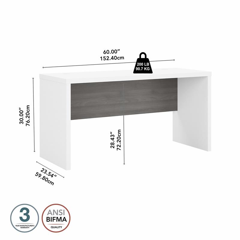 Maklaine Engineered Wood 60W Credenza Desk in Pure White and Modern Gray