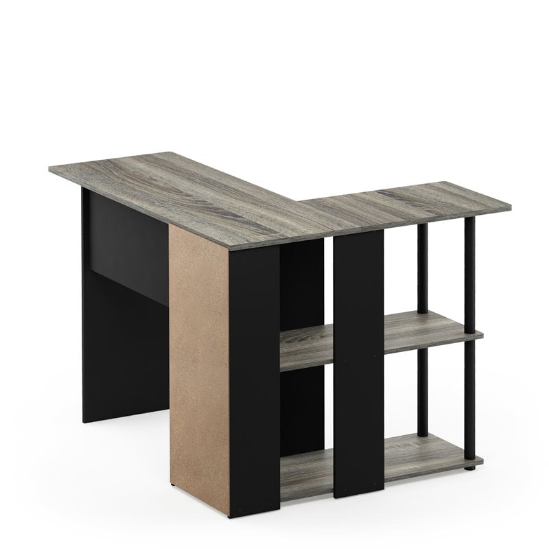 Maklaine Wood L-Shape Desk with Bookshelf in French Oak Gray/Black