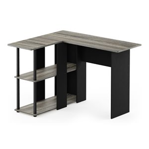 Maklaine Wood L-Shape Desk with Bookshelf in French Oak Gray/Black