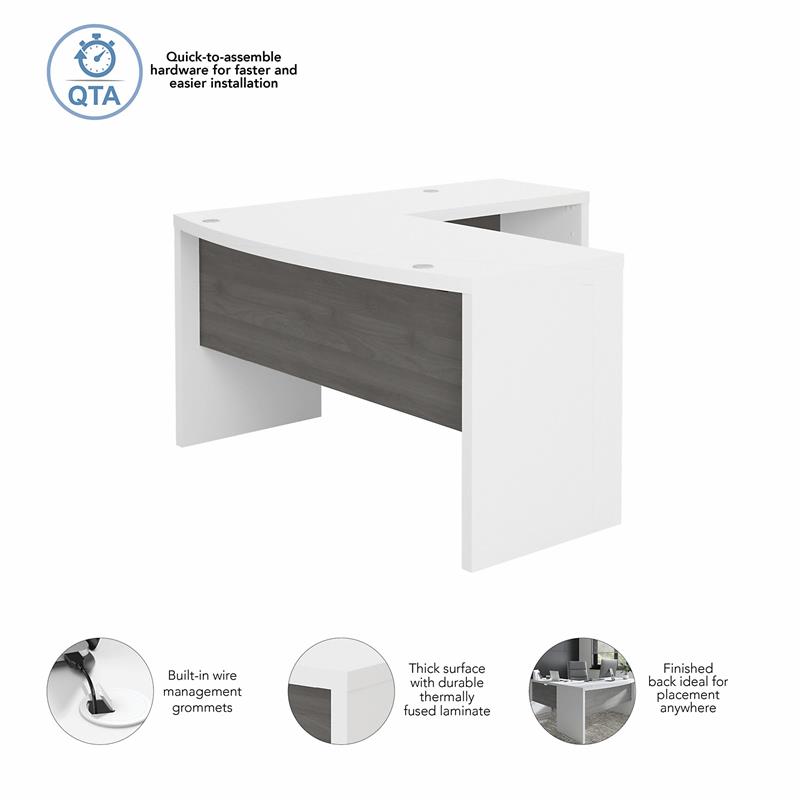 Maklaine Engineered Wood L Shaped Bow Front Desk in Pure White and Modern Gray