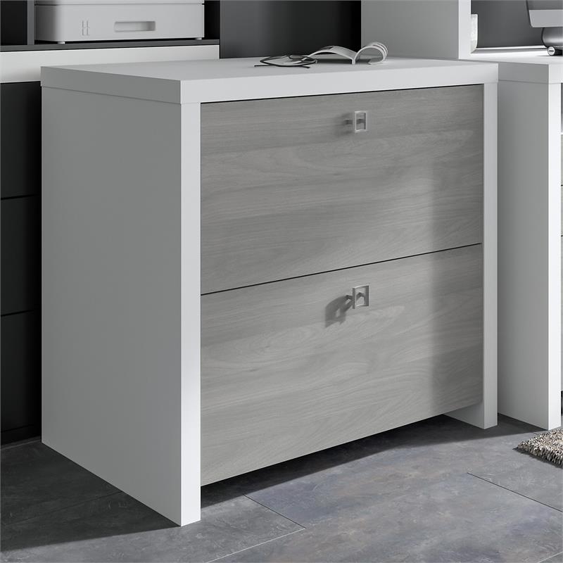 Maklaine Engineered Wood 2 Drawer Lateral File Cabinet in Pure White & Gray