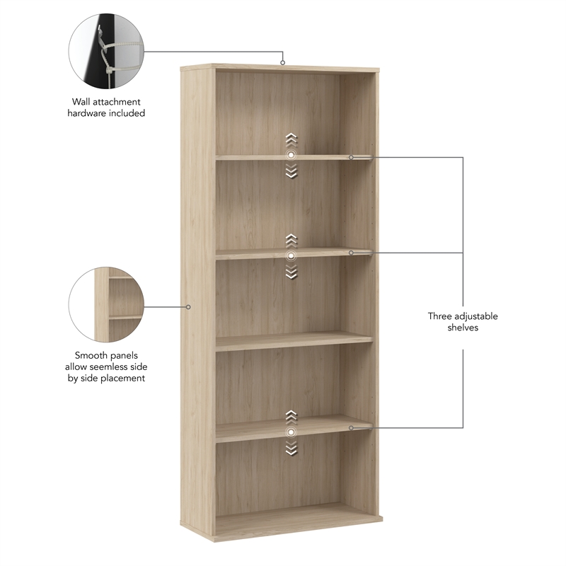 Maklaine Engineered Wood Tall 5 Shelf Bookcase in Natural Elm