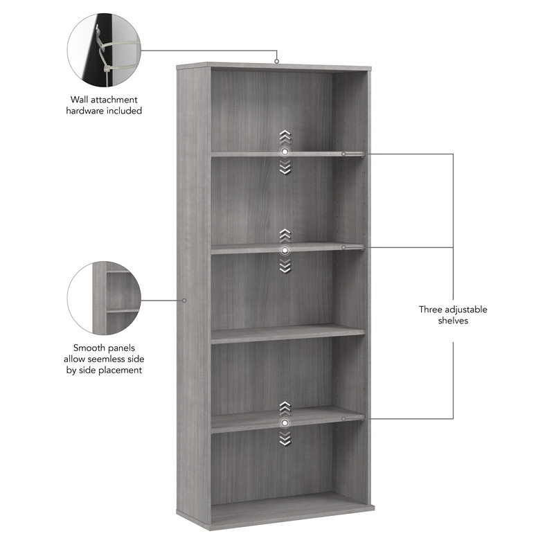 Maklaine Engineered Wood Tall 5 Shelf Bookcase in Platinum Gray