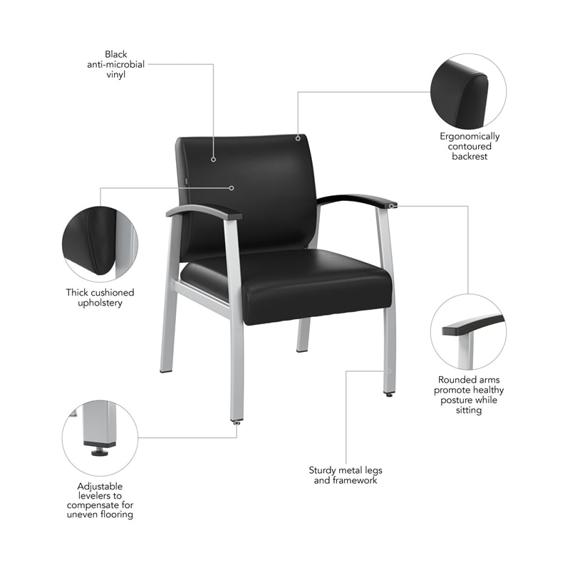 Maklaine Contemporary Waiting Room Guest Chair with Arms in Black Vinyl