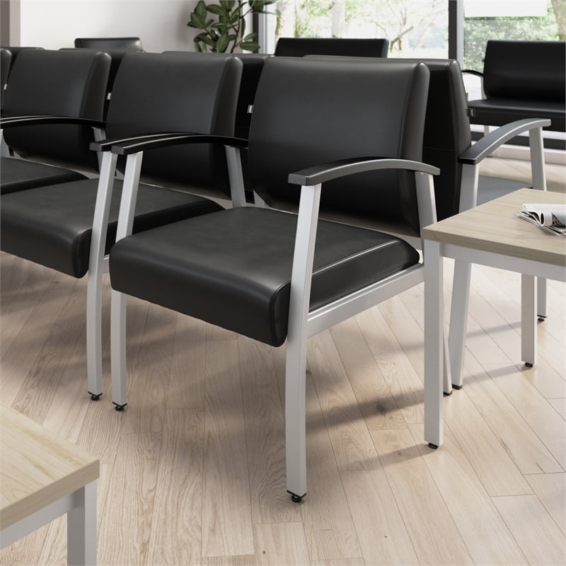 Maklaine Contemporary Waiting Room Guest Chair with Arms in Black Vinyl