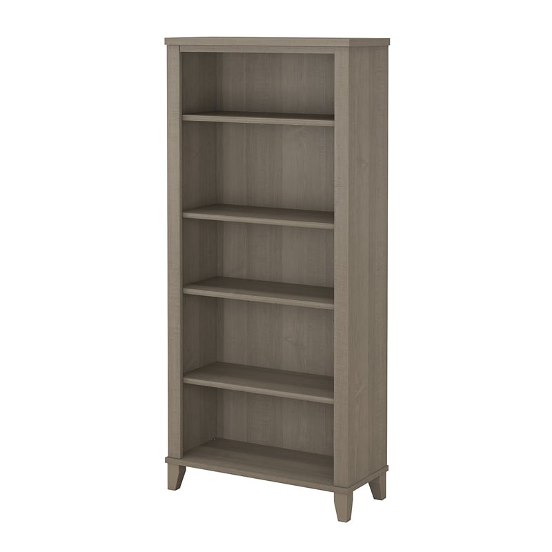 Maklaine Wood Modern Transitional 5 Shelf Bookcase in Ash Gray