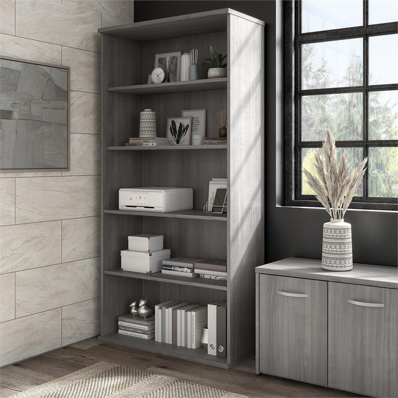 Maklaine Engineered Wood Tall 5 Shelf Bookcase in Platinum Gray