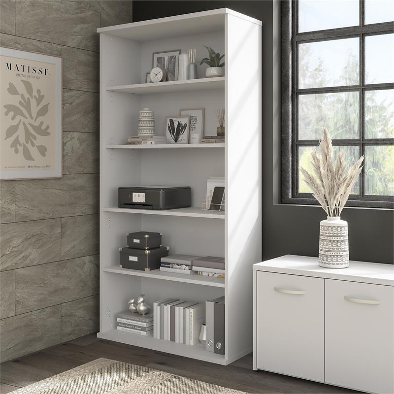 Maklaine Contemporary Engineered Wood Tall 5 Shelf Bookcase in White
