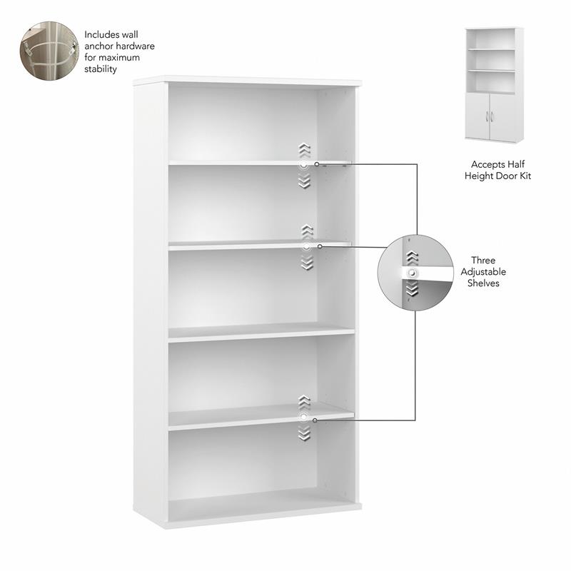 Maklaine Contemporary Engineered Wood Tall 5 Shelf Bookcase in White