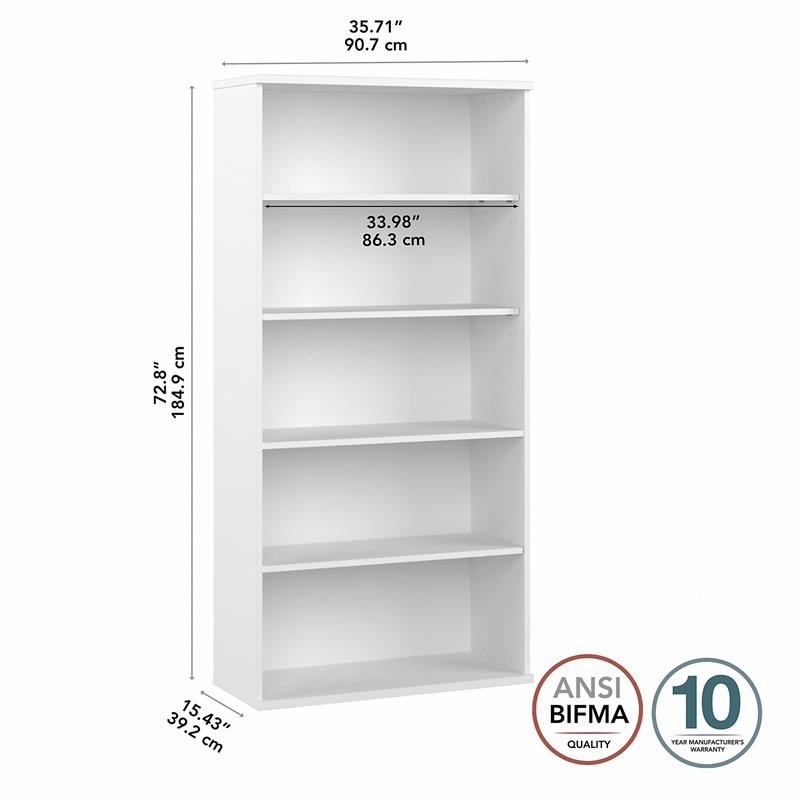 Maklaine Contemporary Engineered Wood Tall 5 Shelf Bookcase in White