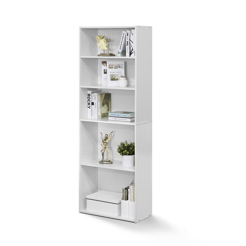 Maklaine Contemporary Engineered Wood 5-Shelf Bookcase in Soft White