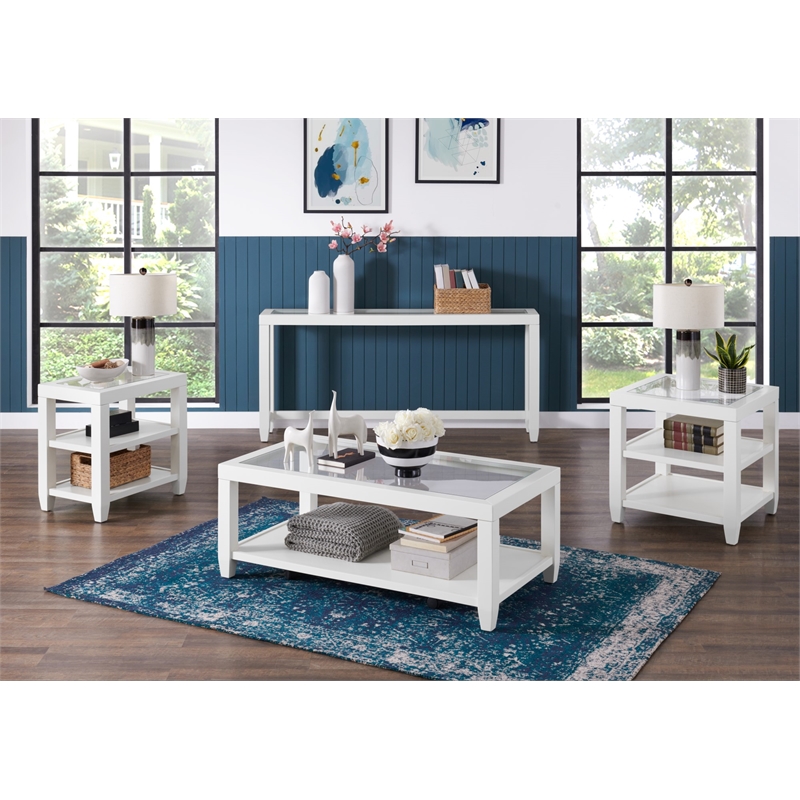 Maklaine Wood and Glass Top White End Table with Shelves Storage