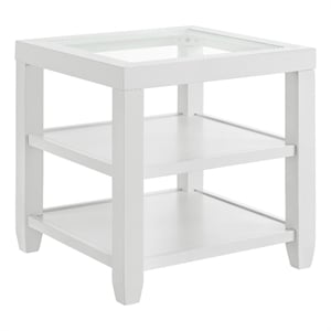 Maklaine Wood and Glass Top White End Table with Shelves Storage