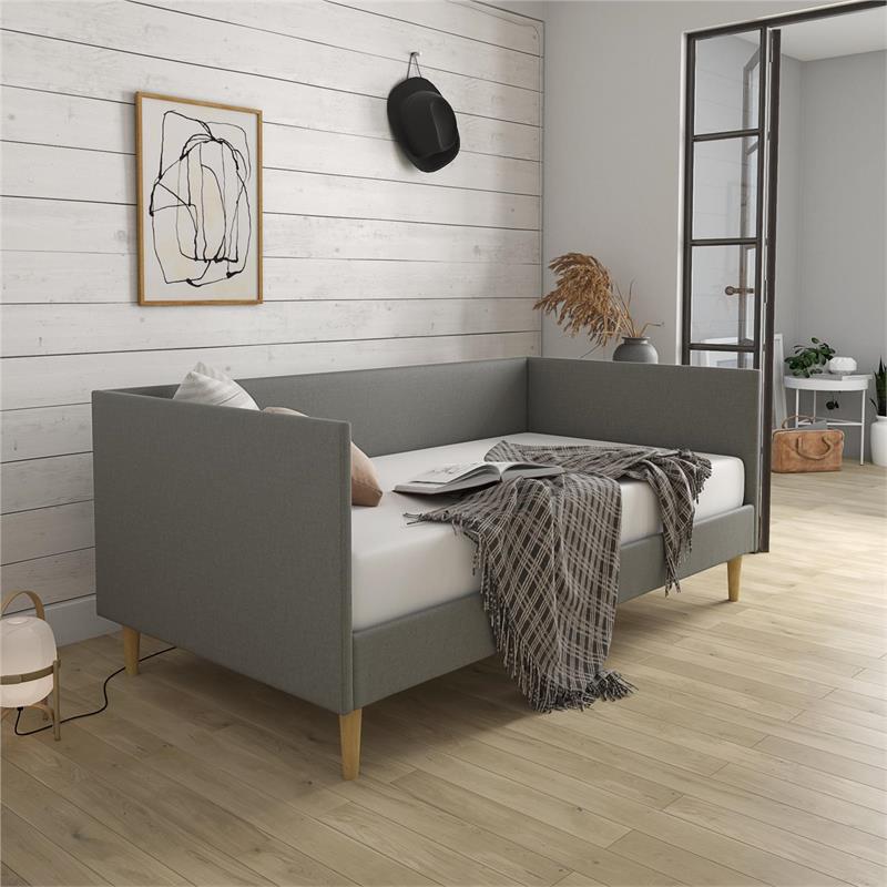 Maklaine Mid-Century Upholstered Daybed Twin Size in Gray Linen