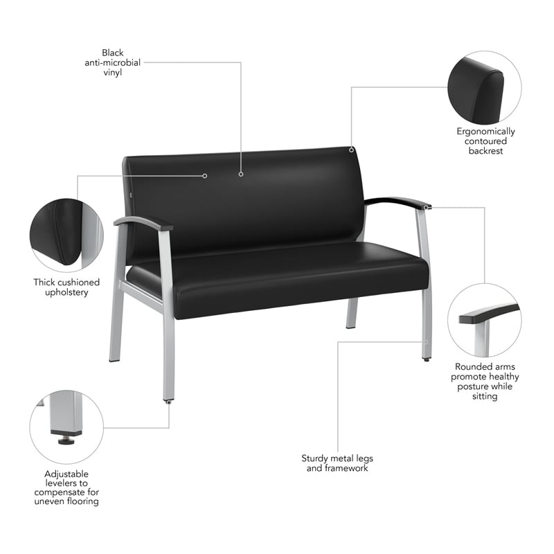 Maklaine Contemporary Waiting Room Loveseat with Arms in Black Vinyl