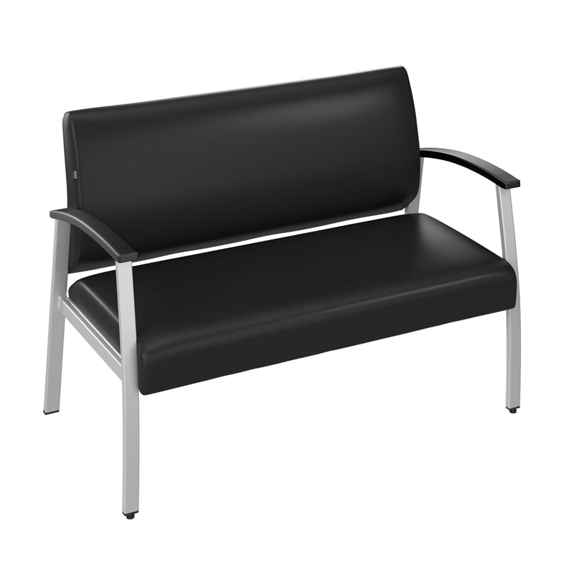 Maklaine Contemporary Waiting Room Loveseat with Arms in Black Vinyl