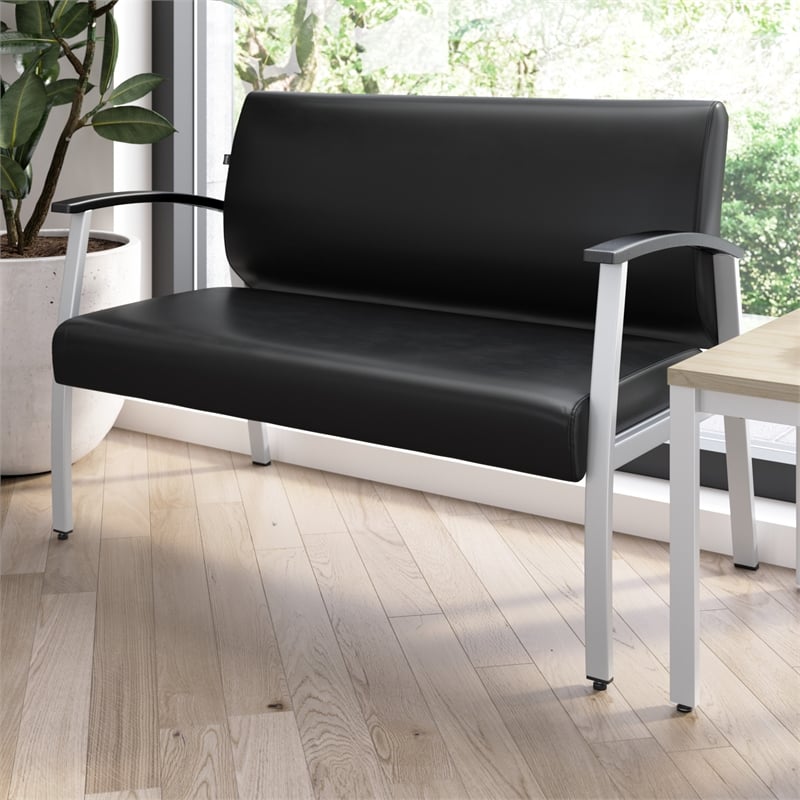 Maklaine Contemporary Waiting Room Loveseat with Arms in Black Vinyl