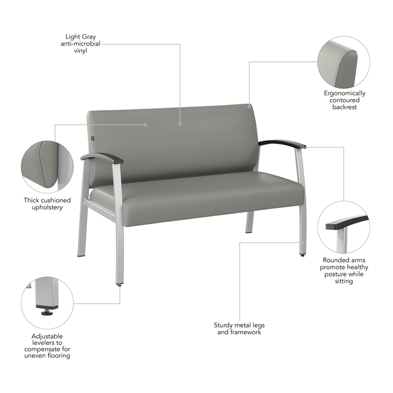 Maklaine Waiting Room Loveseat with Arms in Light Gray Vinyl