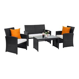 Maklaine 4-piece Contemporary Wicker Rattan Patio Sofa and Table Set in Black